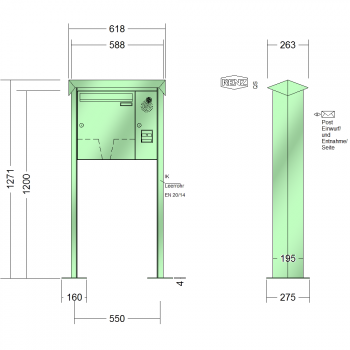 RENZ PRISMA Stahl-Ausführung, Anlage mit Installationskasten, Kasten 370x440x145, 1-teilig Installationskasten senkrecht, mit 2 Fußplatten, 10-0-19355