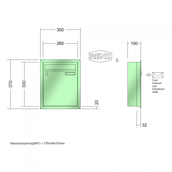 RENZ Eckrahmen Stahl-Ausführung, Anlage ohne Installationskasten, Kasten 260x330x100, 1-teilig, 10-0-25001