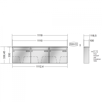 RENZ BASIC (B) Edelstahl, Anlage ohne Installationskasten, Kasten 370x330x100, 3-teilig, 10-0-25016