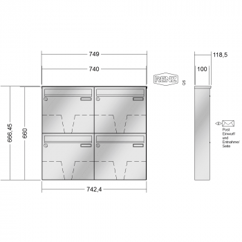 RENZ BASIC (B) Edelstahl, Anlage ohne Installationskasten, Kasten 370x330x100, 4-teilig, 10-0-25018