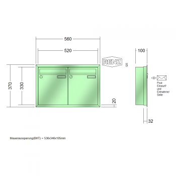 RENZ Eckrahmen Stahl-Ausführung, Anlage ohne Installationskasten, Kasten 260x330x100, 2-teilig, 10-0-25021