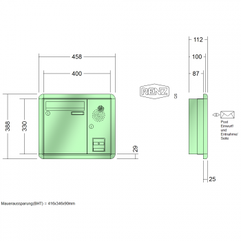 RENZ RS 3000, Anlage mit Installationskasten, Kasten 260x330x100, Installationskasten senkrecht, 1-teilig, 10-0-25049