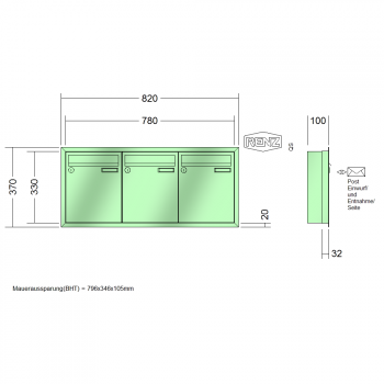 RENZ Eckrahmen Stahl-Ausführung, Anlage ohne Installationskasten, Kasten 260x330x100, 3-teilig, 10-0-25051