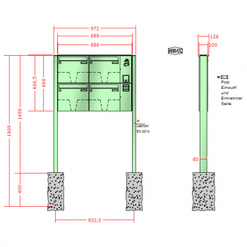 RENZ Basic (B) 3-seitig, Anlage mit Installationskasten, Kasten 370x330x100, 4-teilig, zum Einbetonieren, 10-0-25058