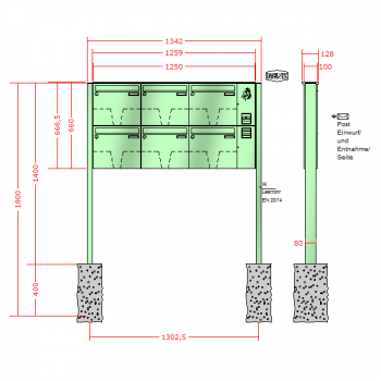 RENZ Basic (B) 3-seitig, Anlage mit Installationskasten, Kasten 370x330x100, 6-teilig, zum Einbetonieren, 10-0-25062