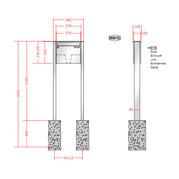 RENZ Basic (B) Edelstahl 3-seitig, Anlage ohne Installationskasten, Kasten 370x330x100, 1-teilig, zum Einbetonieren, 10-0-25063