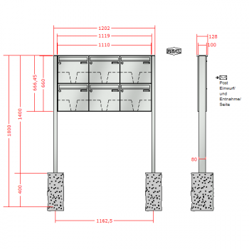 RENZ Basic (B) Edelstahl 3-seitig, Anlage ohne Installationskasten, Kasten 370x330x100, 6-teilig, zum Einbetonieren, 10-0-25068