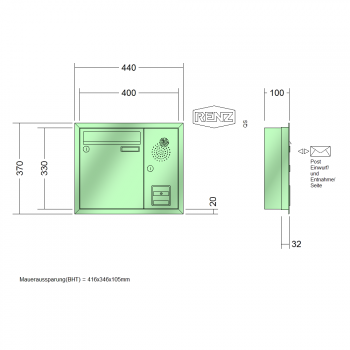 RENZ Eckrahmen Stahl-Ausführung, Anlage mit Installationskasten, Kasten 260x330x100, 1-teilig Installationskasten senkrecht, 10-0-25069