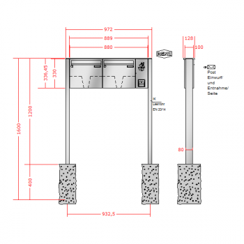 RENZ Basic (B) Edelstahl 3-seitig, Anlage mit Installationskasten, Kasten 370x330x100, 2-teilig, zum Einbetonieren, 10-0-25071