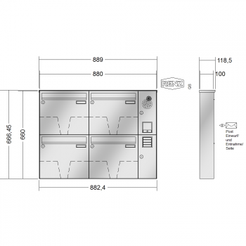 RENZ BASIC (B) Edelstahl, Anlage mit Installationskasten, Kasten 370x330x100, 4-teilig, 10-0-25078