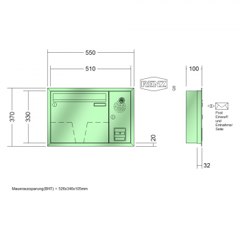 RENZ Eckrahmen Stahl-Ausführung, Anlage mit Installationskasten, Kasten 370x330x100, 1-teilig Installationskasten senkrecht, 10-0-25079