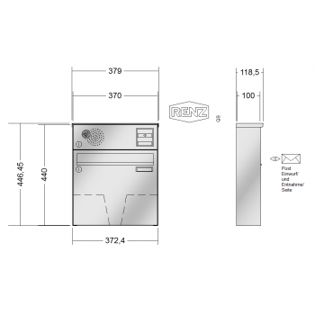 RENZ BASIC (B) Edelstahl, Anlage mit Installationskasten, Kasten 370x330x100, 1-teilig, Installationskasten waagerecht, 10-0-25084