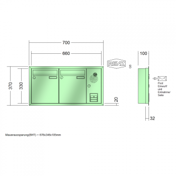 RENZ Eckrahmen Stahl-Ausführung, Anlage mit Installationskasten, Kasten 260x330x100, 2-teilig, 10-0-25101