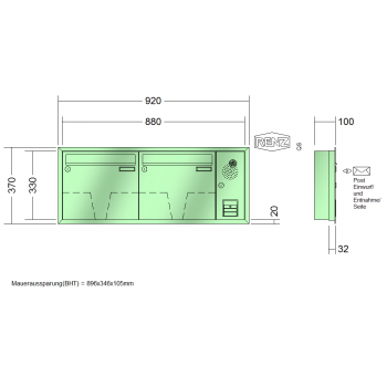 RENZ Eckrahmen Stahl-Ausführung, Anlage mit Installationskasten, Kasten 370x330x100, 2-teilig, 10-0-25105