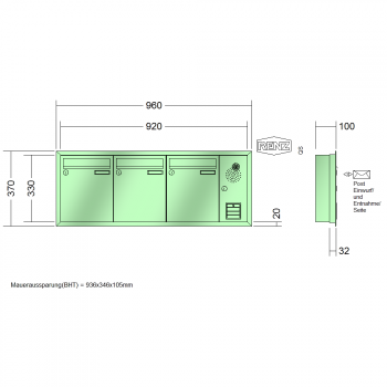 RENZ Eckrahmen Stahl-Ausführung, Anlage mit Installationskasten, Kasten 260x330x100, 3-teilig, 10-0-25131