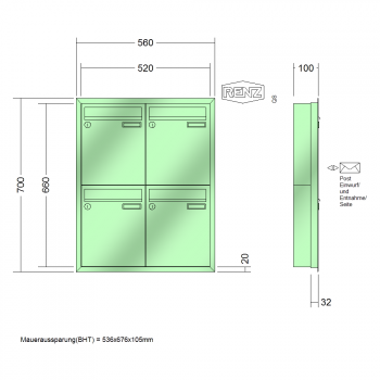 RENZ Eckrahmen Stahl-Ausführung, Anlage ohne Installationskasten, Kasten 260x330x100, 4-teilig, 10-0-25151