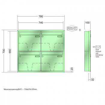 RENZ Eckrahmen Stahl-Ausführung, Anlage ohne Installationskasten, Kasten 370x330x100, 4-teilig, 10-0-25155