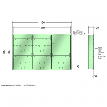 RENZ Eckrahmen Stahl-Ausführung, Anlage ohne Installationskasten, Kasten 370x330x100, 5-teilig, 10-0-25169