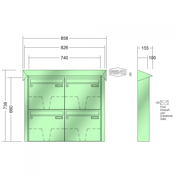 RENZ PRISMA Stahl-Ausführung, Anlage ohne Installationskasten, Kasten 370x330x100, 4-teilig, 10-0-25206