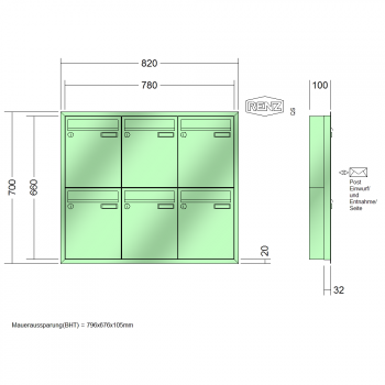 RENZ Eckrahmen Stahl-Ausführung, Anlage ohne Installationskasten, Kasten 260x330x100, 6-teilig, 10-0-25227