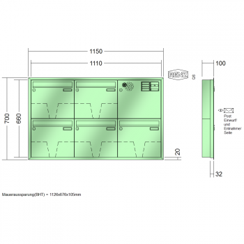 RENZ Eckrahmen Stahl-Ausführung, Anlage mit Installationskasten, Kasten 370x330x100, 5-teilig, 10-0-25237