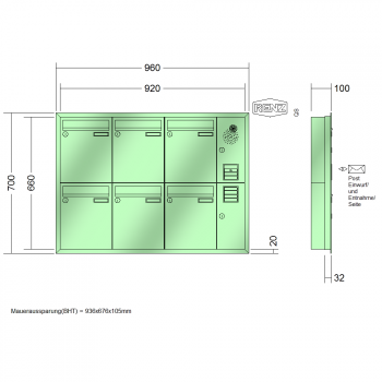 RENZ Eckrahmen Stahl-Ausführung, Anlage mit Installationskasten, Kasten 260x330x100, 6-teilig, 10-0-25243