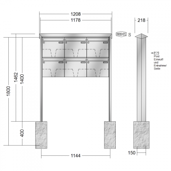 RENZ PRISMA Edelstahl V4A-Ausführung, Anlage ohne Installationskasten, Kasten 370x330x100, 6-teilig, zum Einbetonieren, 10-0-25485