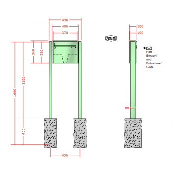 RENZ Quadra 3-seitig, Anlage ohne Installationskasten, Kasten 370x330x100, 1-teilig, zum Einbetonieren, 10-0-25621