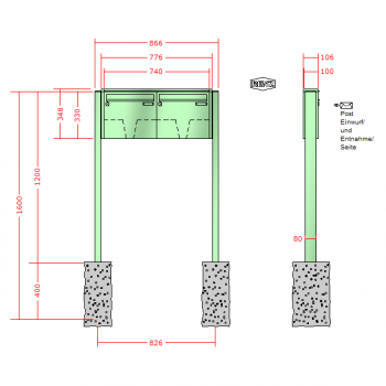 RENZ Quadra 3-seitig, Anlage ohne Installationskasten, Kasten 370x330x100, 2-teilig, zum Einbetonieren, 10-0-25622