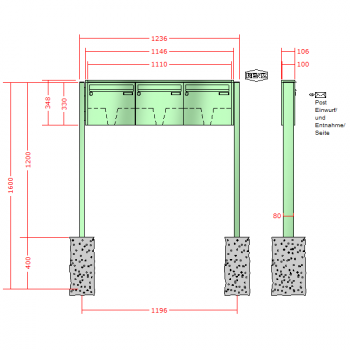 RENZ Quadra 3-seitig, Anlage ohne Installationskasten, Kasten 370x330x100, 3-teilig, zum Einbetonieren, 10-0-25623