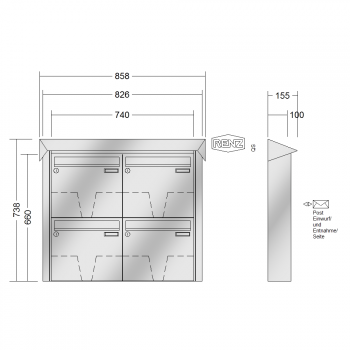 RENZ PRISMA Edelstahl V4A-Ausführung, Anlage ohne Installationskasten, Kasten 370x330x100, 4-teilig, 10-0-25841