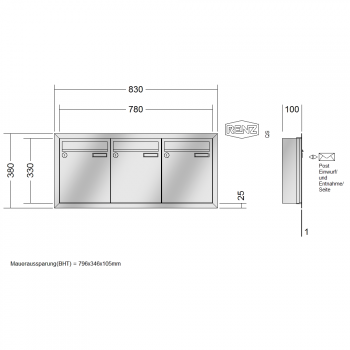 RENZ Eckrahmen Edelstahl V4A-Ausführung, Anlage ohne Installationskasten, Kasten 260x330x100, 3-teilig, 10-0-25892