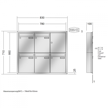 RENZ Eckrahmen Edelstahl V4A-Ausführung, Anlage ohne Installationskasten, Kasten 260x330x100, 5-teilig, 10-0-25894