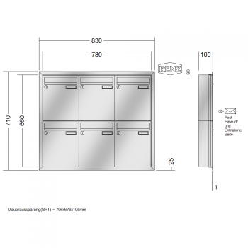 RENZ Eckrahmen Edelstahl V4A-Ausführung, Anlage ohne Installationskasten, Kasten 260x330x100, 6-teilig, 10-0-25895