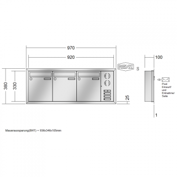 RENZ Eckrahmen Edelstahl V4A-Ausführung, Anlage mit Installationskasten, Kasten 260x330x100, 3-teilig, 10-0-25899