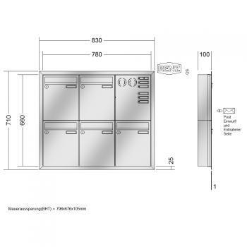 RENZ Eckrahmen Edelstahl V4A-Ausführung, Anlage mit Installationskasten, Kasten 260x330x100, 5-teilig, 10-0-25901