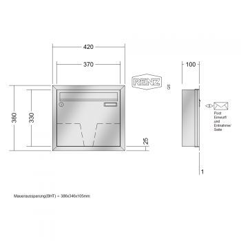 RENZ Eckrahmen Edelstahl V4A-Ausführung, Anlage ohne Installationskasten, Kasten 370x330x100, 1-teilig, 10-0-25903