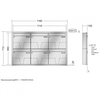 RENZ Eckrahmen Edelstahl V4A-Ausführung, Anlage ohne Installationskasten, Kasten 370x330x100, 6-teilig, 10-0-25908