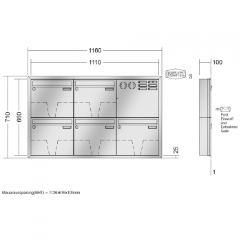 RENZ Eckrahmen Edelstahl V4A-Ausführung, Anlage mit Installationskasten, Kasten 370x330x100, 5-teilig, 10-0-25914