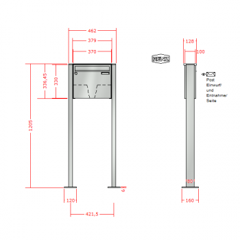 RENZ Basic (B) Edelstahl 3-seitig, Anlage ohne Installationskasten, Kasten 370x330x100, 1-teilig, mit Fußplatten zum Aufschrauben, 10-0-29012