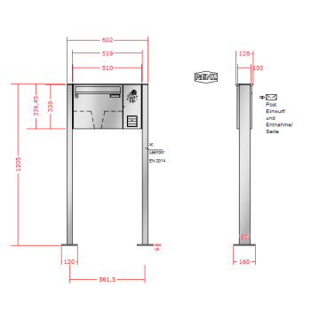 RENZ Basic (B) Edelstahl 3-seitig, Anlage mit Installationskasten, Kasten 370x330x100, 1-teilig, Installationskasten senkrecht mit Fußplatten zum Aufschrauben, 10-0-29018