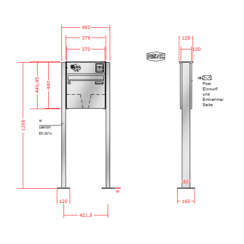 RENZ Basic (B) Edelstahl 3-seitig, Anlage mit Installationskasten, Kasten 370x330x100, 1-teilig Installationskasten waagerecht, mit Fußplatten zum Aufschrauben, 10-0-29025