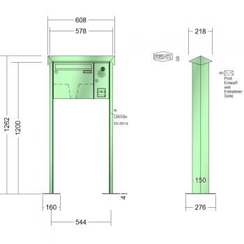 RENZ PRISMA Stahl-Ausführung, Anlage mit Installationskasten, Kasten 370x330x100, 1-teilig Installationskasten senkrecht, mit 2 Fußplatten, 10-0-29276