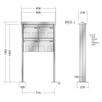 RENZ PRISMA Edelstahl V4A-Ausführung, Anlage ohne Installationskasten, Kasten 370x330x100, 4-teilig, mit 2 Fußplatten, 10-0-29483