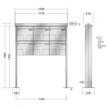 RENZ PRISMA Edelstahl V4A-Ausführung, Anlage ohne Installationskasten, Kasten 370x330x100, 6-teilig, mit 2 Fußplatten, 10-0-29485