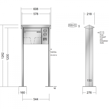 RENZ PRISMA Edelstahl V4A-Ausführung, Anlage mit Installationskasten, Kasten 370x330x100, 1-teilig Installationskasten senkrecht, mit 2 Fußplatten, 10-0-29601