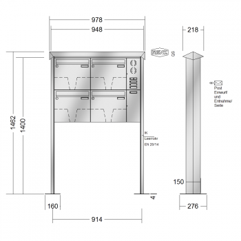 RENZ PRISMA Edelstahl V4A-Ausführung, Anlage mit Installationskasten, Kasten 370x330x100, 4-teilig, mit 2 Fußplatten, 10-0-29604