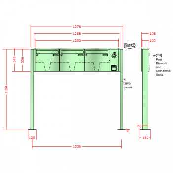RENZ Quadra 3-seitig, Anlage mit Installationskasten, Kasten 370x330x100, 3-teilig, mit 2 Fußplatten, 10-0-29642