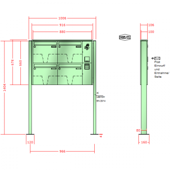 RENZ Quadra 3-seitig, Anlage mit Installationskasten, Kasten 370x330x100, 4-teilig, mit 2 Fußplatten, 10-0-29643