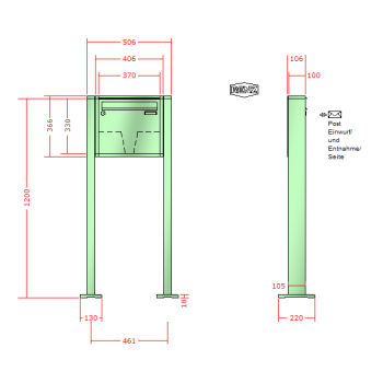 RENZ Quadra 4-seitig, Anlage ohne Installationskasten, Kasten 370x330x100, 1-teilig, mit 2 Fußplatten , 10-0-29660